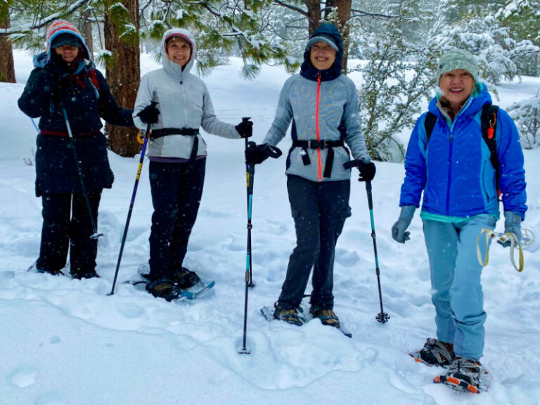 4 women snowshoeing in a forest